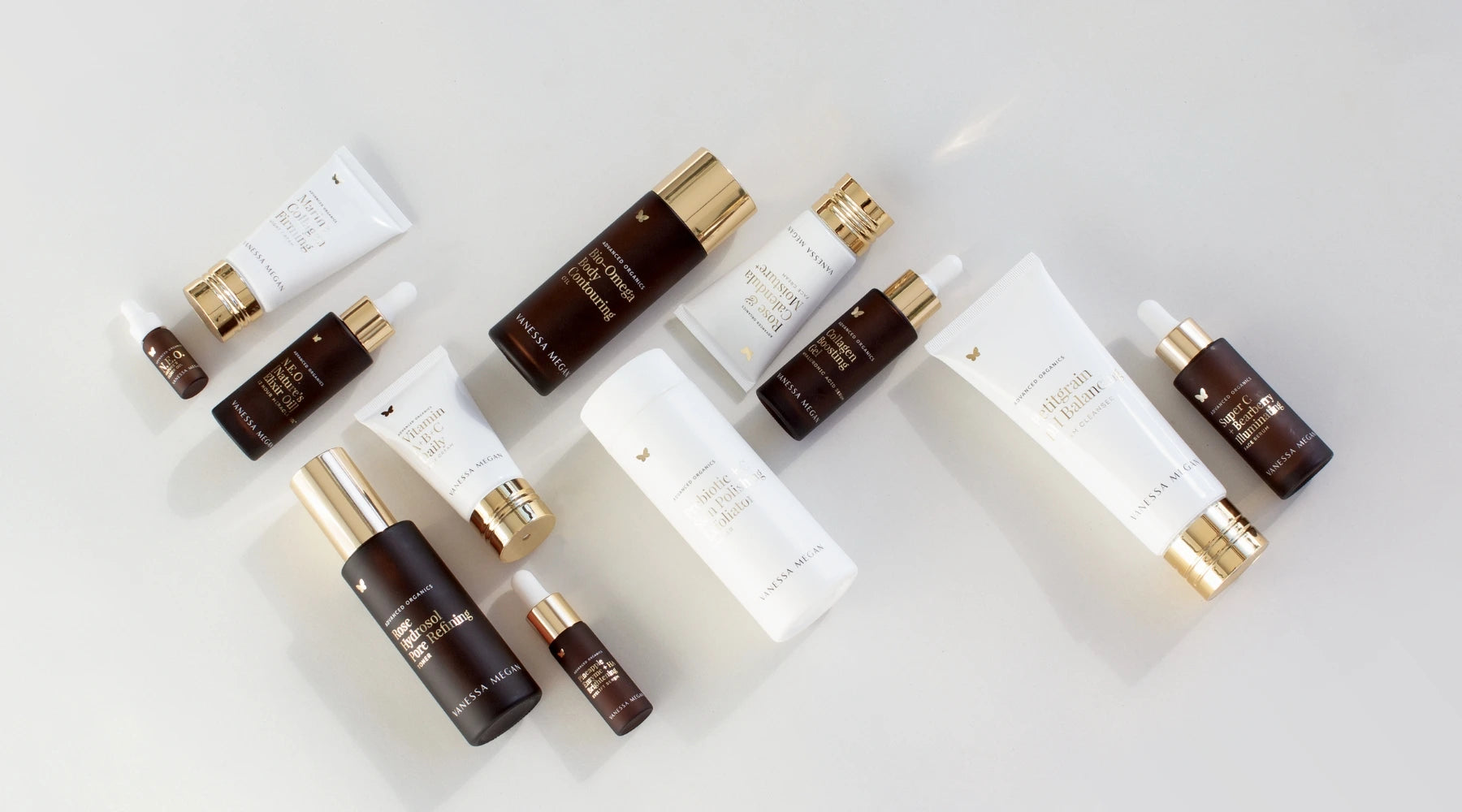 Vanessa Megan luxury skincare collection elegantly displayed on a white background. Featuring 100% natural, award-winning formulations designed to nourish, rejuvenate, and deliver clinically proven results for radiant, healthy skin.