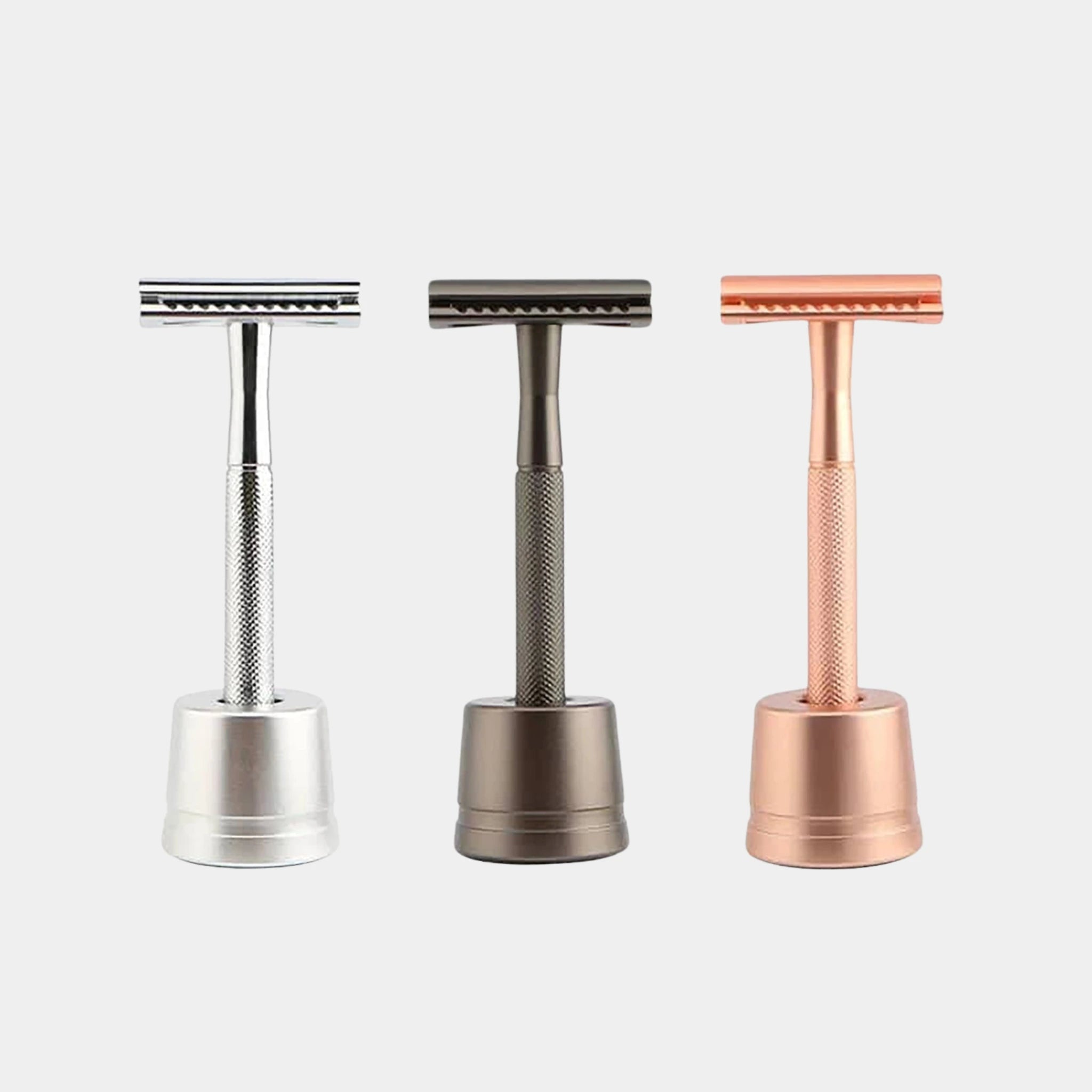 CaliWoods Razor Stand with Razors in Silver, Slate and Copper