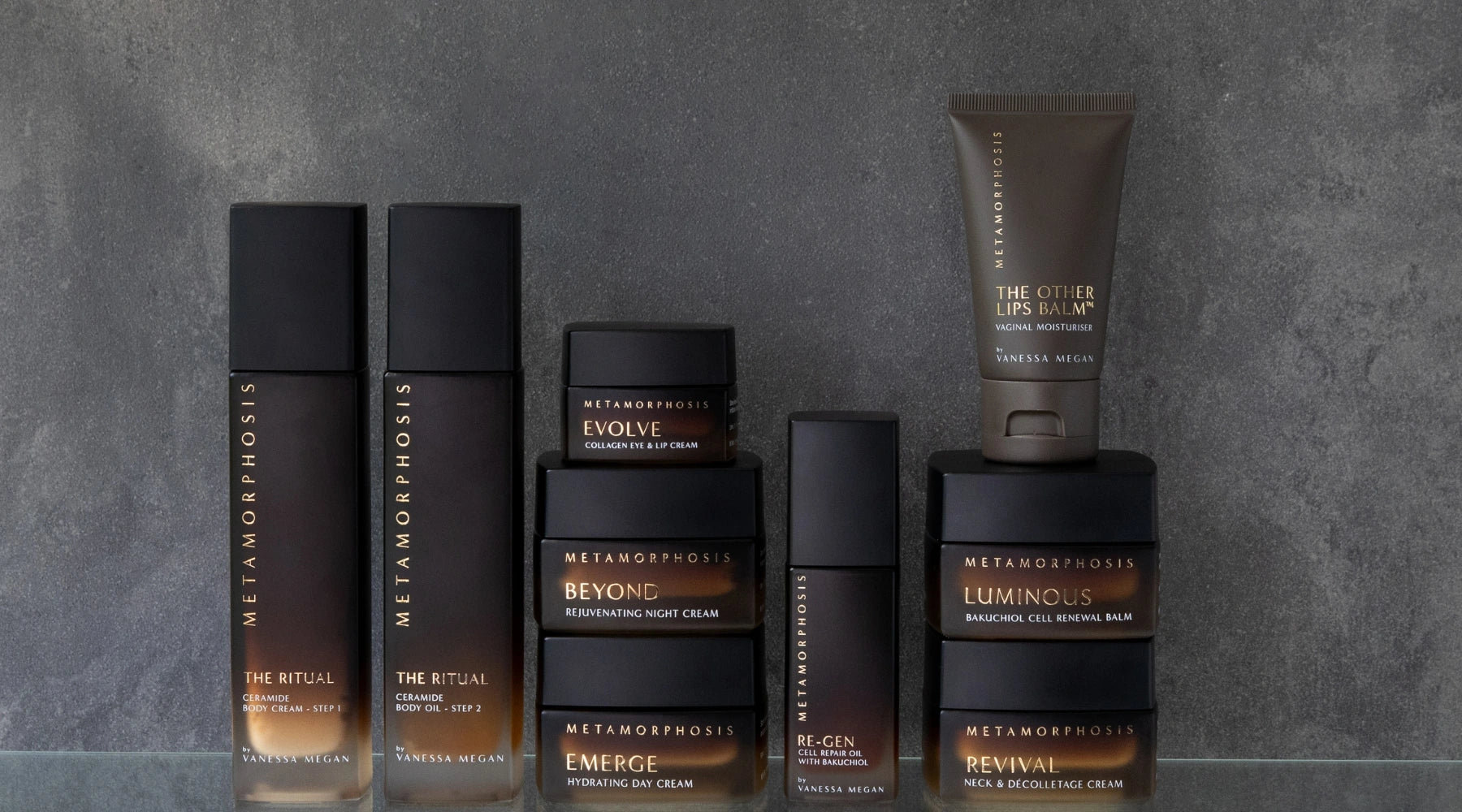 etamorphosis by Vanessa Megan premium skincare range in sleek black and gold packaging, set against a modern grey backdrop. Scientifically formulated, 100% natural award-winning skincare for perimenopausal to post-menopausal skin.