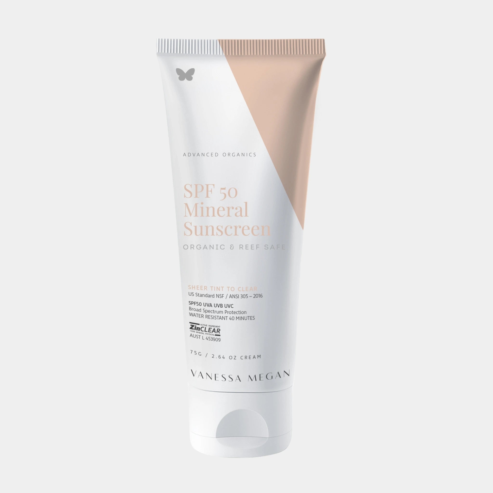 Vanessa Megan SPF 50 Mineral organic, reef-safe sunscreen with Zinc Oxide for broad-spectrum protection in tube at Intentionally Natural NZ